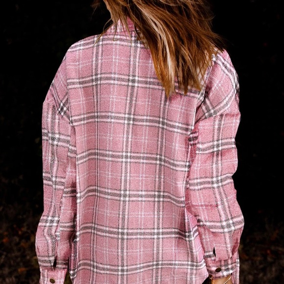 New Plaid Stripe Pink Flannel Shirt Jacket Shacket - Picture 2 of 8